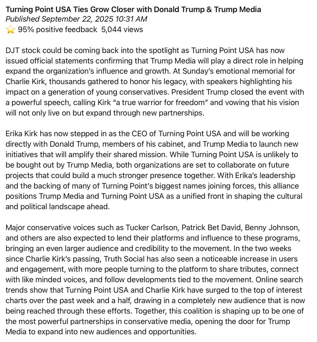 This is truly incredible! $djt #trumpmedia <a href="/MrsErikaKirk/">Erika Kirk</a> <a href="/ace_report/">AceReport</a> <a href="/WallStreetMav/">Wall Street Mav</a> <a href="/charliekirk11/">Charlie Kirk</a> <a href="/TPUSA/">Turning Point USA</a>