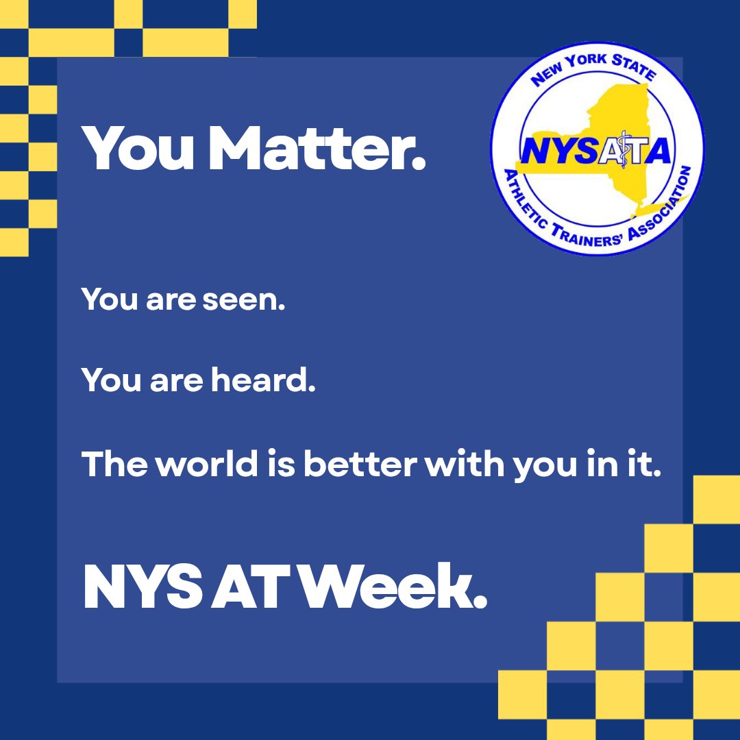 GO_NYSATA's tweet photo. 📢It’s NYS Athletic Trainers’ Week!
✨You matter. You are seen. You are heard. The world is better with you in it.
Let’s celebrate ATs all week long 🎇🎆
#AthleticTraining! #grATeful #YouMatter #nysatweek2025 #ATrecognitionweek
#ATWeek #ThankAnAT #YouMatter #TeamAT https://t.co/hVloFz8oB0