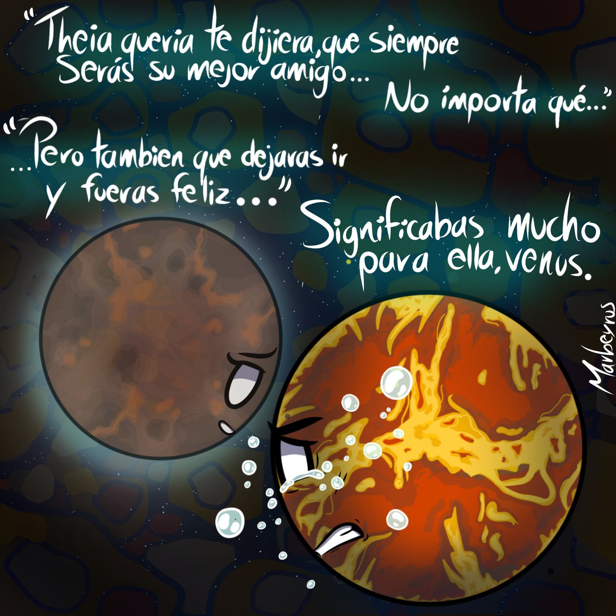 El peso del arrepentimiento de Venus.❤️‍🩹

Por millones de años de remordimiento y dolor, el corazón de Venus se endureció bajo el peso de la culpa de una pérdida. Pero como un último acto de amistad de Theia, le dejó un mensaje a nuestro niño.

#solarballsart #solarballsnsfw