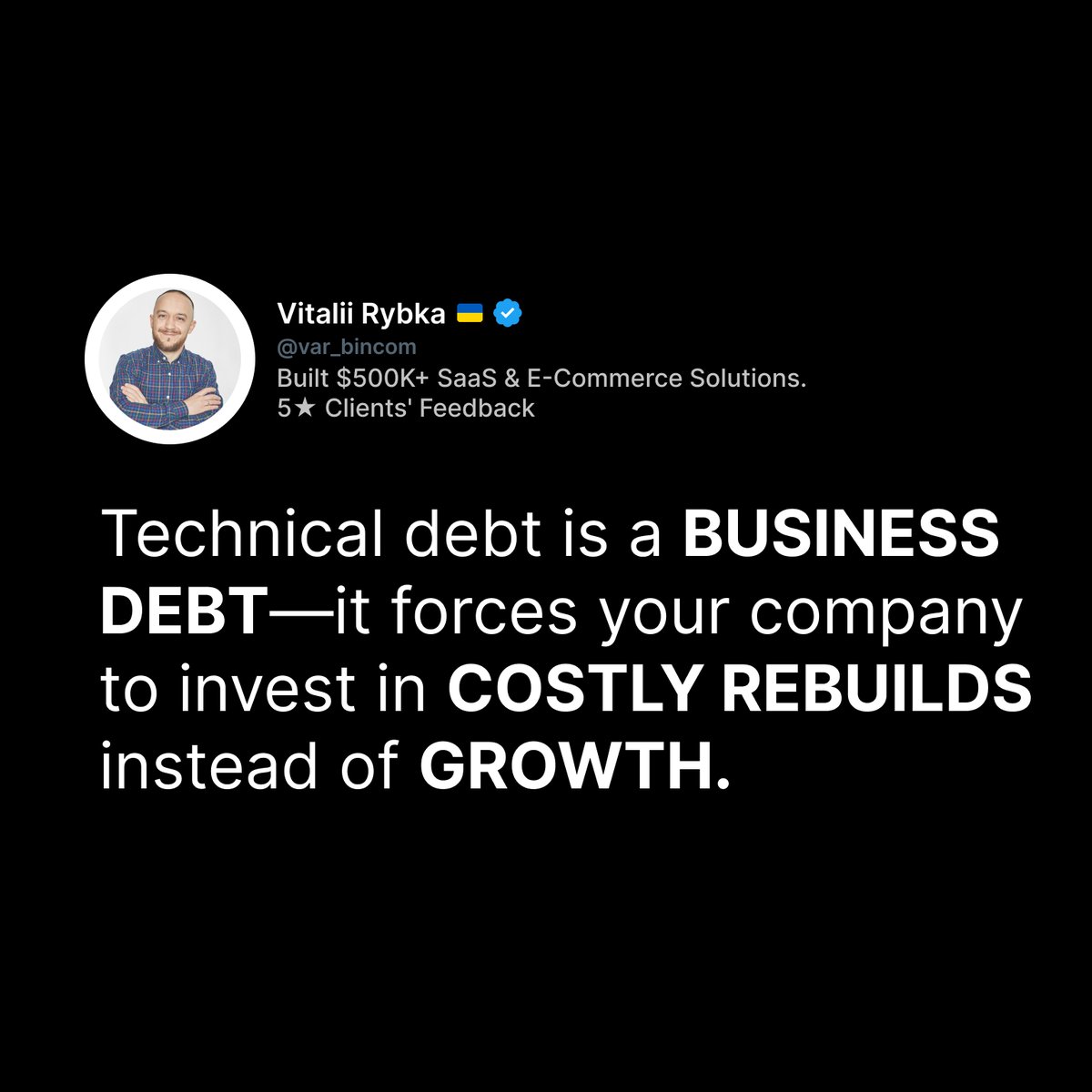 var_bincom's tweet image. Ultimately, technical debt is a business debt - it forces your company to invest in costly rebuilds instead of growth.
Every shortcut has consequences. ⬇️
#SoftwareEngineering #SoftwareDevelopment #SaaS #Tech #Startup #BusinessGrowth #Monday