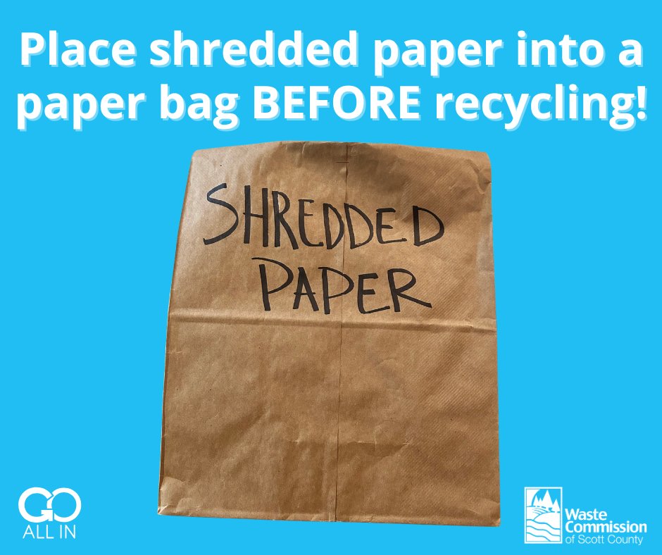 WasteCommission's tweet photo. Shredded paper is recyclable, but it requires a special step to keep the pieces contained. Place in a paper bag, label "shredded paper" and seal with tape or a staple before tossing it into your cart. This ensures the shreds get recycled and don't stick to other recyclables. https://t.co/M5FoHnRmMz