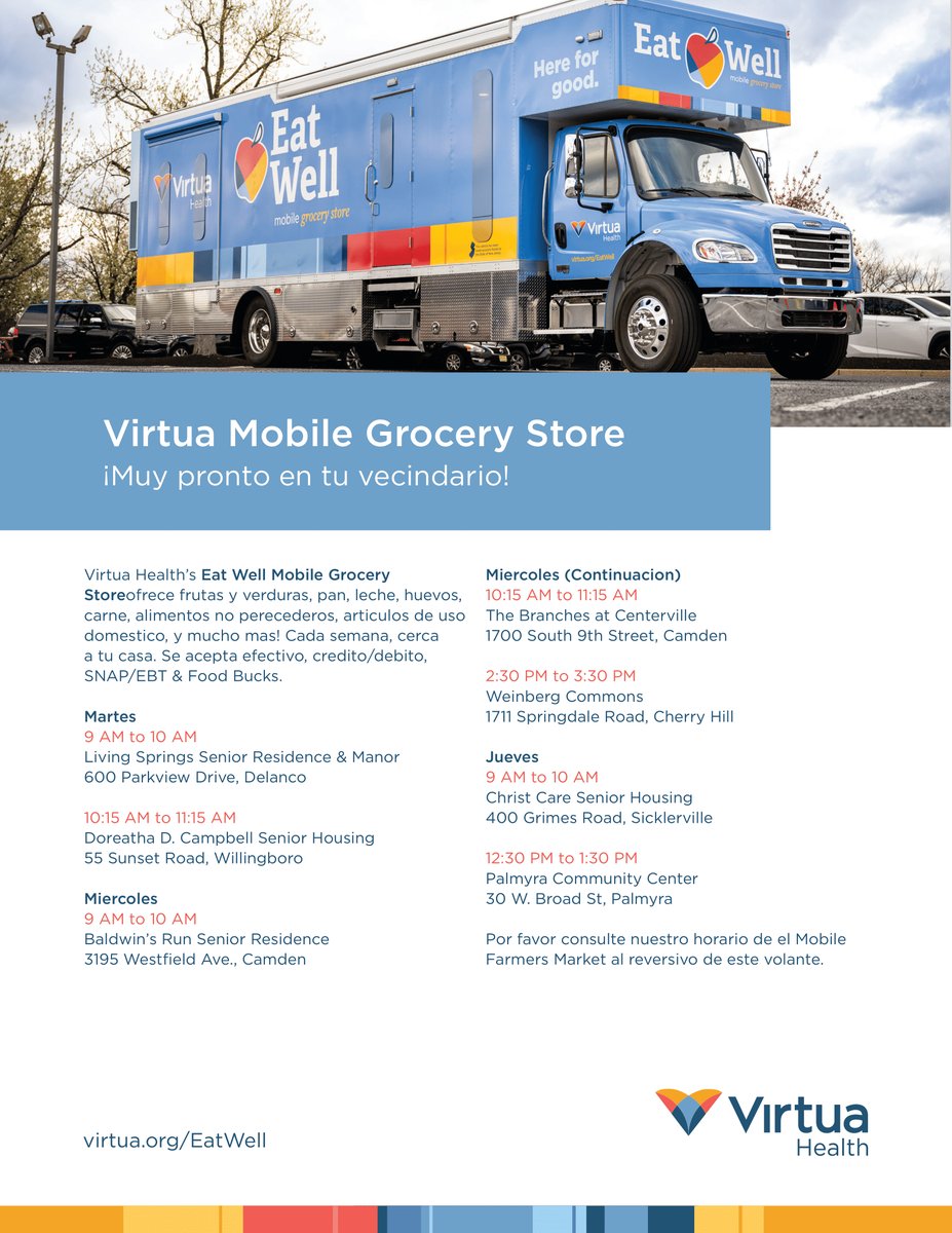 Virtua Health’s Eat Well Mobile Grocery Store schedule. ☀️🚎❤️

Horario semanal de Virtua Health’s Eat Well Mobile Grocery Store. ☀️🚎♥️