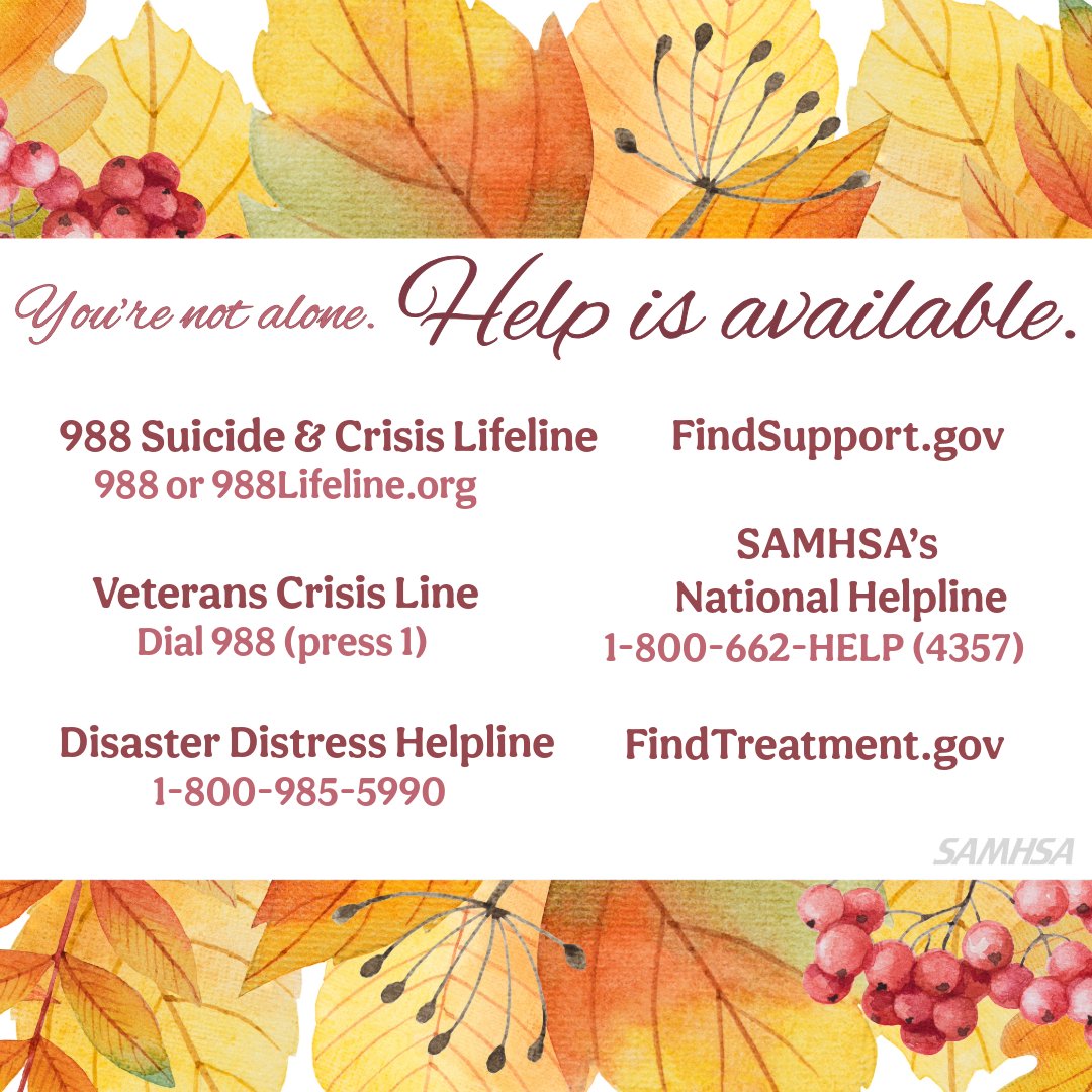 Today is the first day of fall 🍂 It's ok not to be ok. Help is available if you or someone you love is having a hard time, or for those struggling with mental health or substance use.

🧡 Help yourself &amp; share to help others: samhsa.gov/find-help #Autumn #FallEquinox