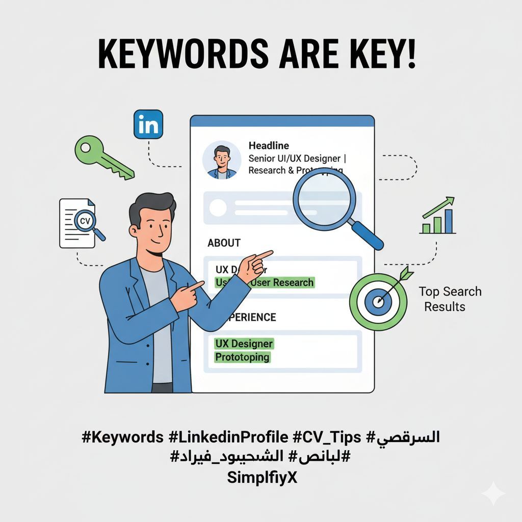 simplify_ux's tweet photo. أغلب مسؤولي التوظيف في لينكد ان بيستخدموا البحث بالكلمات المفتاحية لإيجاد المرشحين. 🔑

خلي "عنوانك" (Headline) واضح وفيه الكلمات اللي بتبحث عنها الشركات (مثلاً: "Senior UI/UX Designer | User Research &amp; Prototyping").

كرر الكلمات المفتاحية في خلاصة البروفايل وفي وصف خبراتك. https://t.co/fS5ijz9UlH