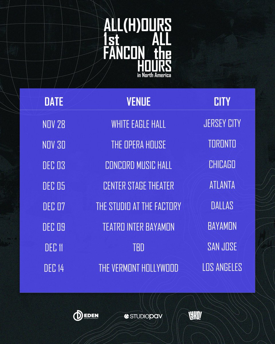 Min(ut)e, check out the venues for 🕛ALL(H)OURS 1st FANCON <ALL the HOURS> in NORTH AMERICA🕛

SAN JOSE - your venue will be revealed soon! 📢 Ticket information is coming soon, stay tuned! 🎟️

#ALL_H_OURS #올아워즈 #ALLtheHOURS #ALLHOURSinNorthAmerica <a href="/ALL_H_OURS/">ALL(H)OURS official</a>