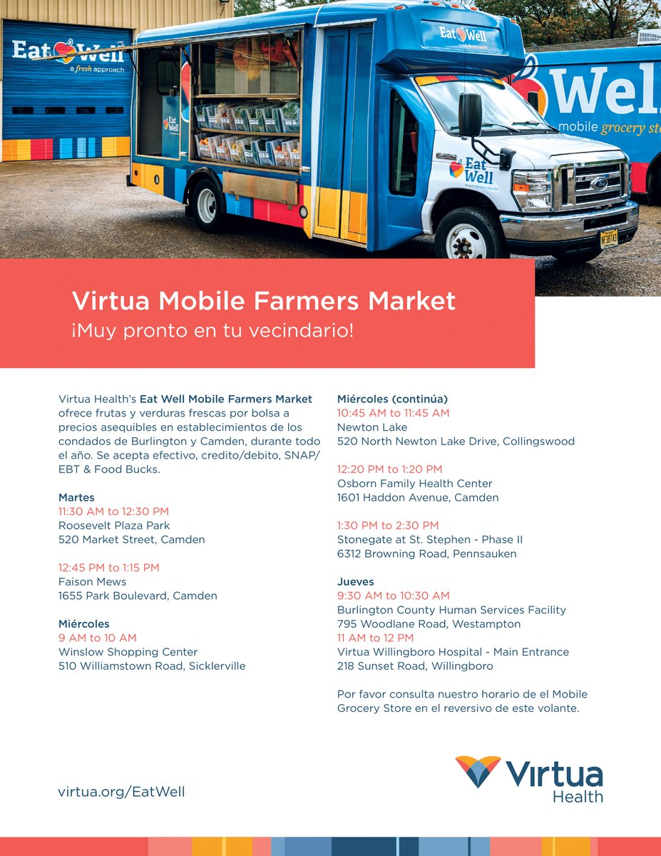 Virtua Health’s Eat Well Mobile Farmers Market schedule. ☀️🚎❤️

Horario semanal de Virtua Health’s EAT WELL Mobile Farmers Market. ☀️🚎♥️