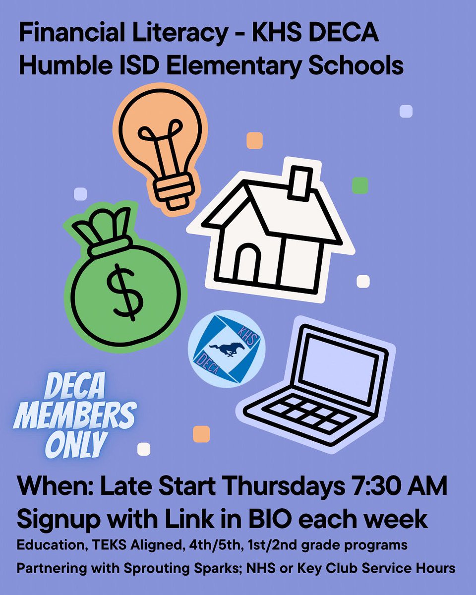 KingwoodDeca's tweet photo. What is happening in Kingwood DECA? 
Mark Your Calendars and LINKS in BIO! 
This Thursday…

7:30 am Financial Literacy Volunteering at Hidden Hollow Elementary

Mustang Hour A/B Lunch - Business Speaker Series - Scott Homann

@HumbleISD_KHS @HumbleISD_CTE @lauraabel https://t.co/4mGBmS3PZh