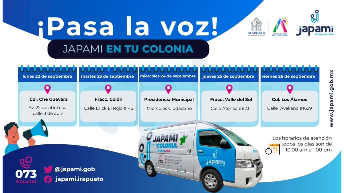 ¡Somos más cercanos!

Si tienes algún reporte, aclaración o duda, ¡acércate con nosotros! 

esta es la agenda de la semana del Japami Móvil. 🚐 consulta colonias y horario de atención