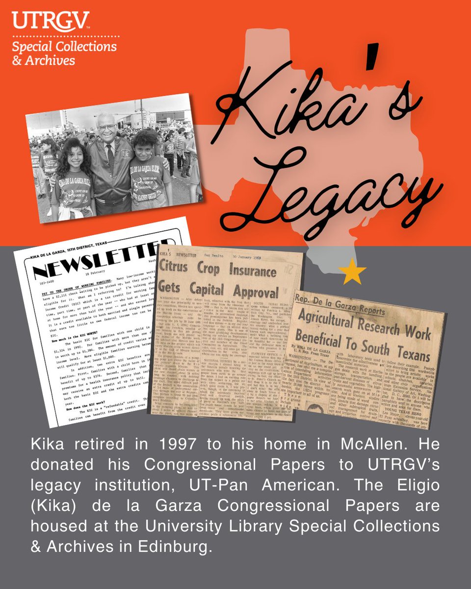 UTRGVLibrary's tweet photo. The Eligio (Kika) de la Garza Congressional Papers are open for research at UTRGV University Library Special Collections &amp; Archives, Edinburg. Visit our research guide to learn more: https://t.co/MDUBiWwCmt https://t.co/golDmRHmNx