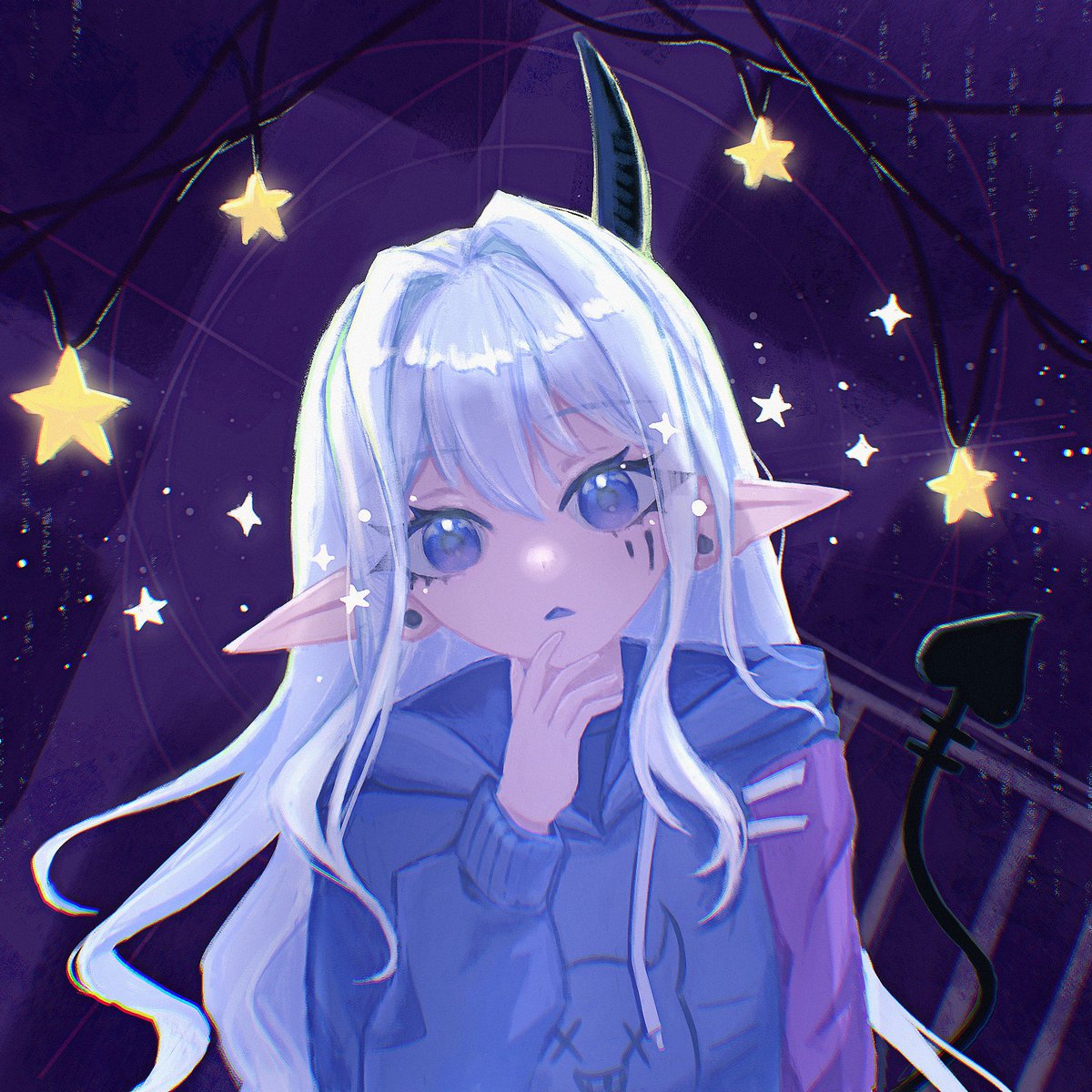 这张其实是看了絵を描く人さん的选色指南之后画的 先定了头发亮面和暗面的颜色 再继续选其他颜色 因为想要突出头发和星星的颜色 把其他部分持续改暗…所以过程还挺曲折/-\