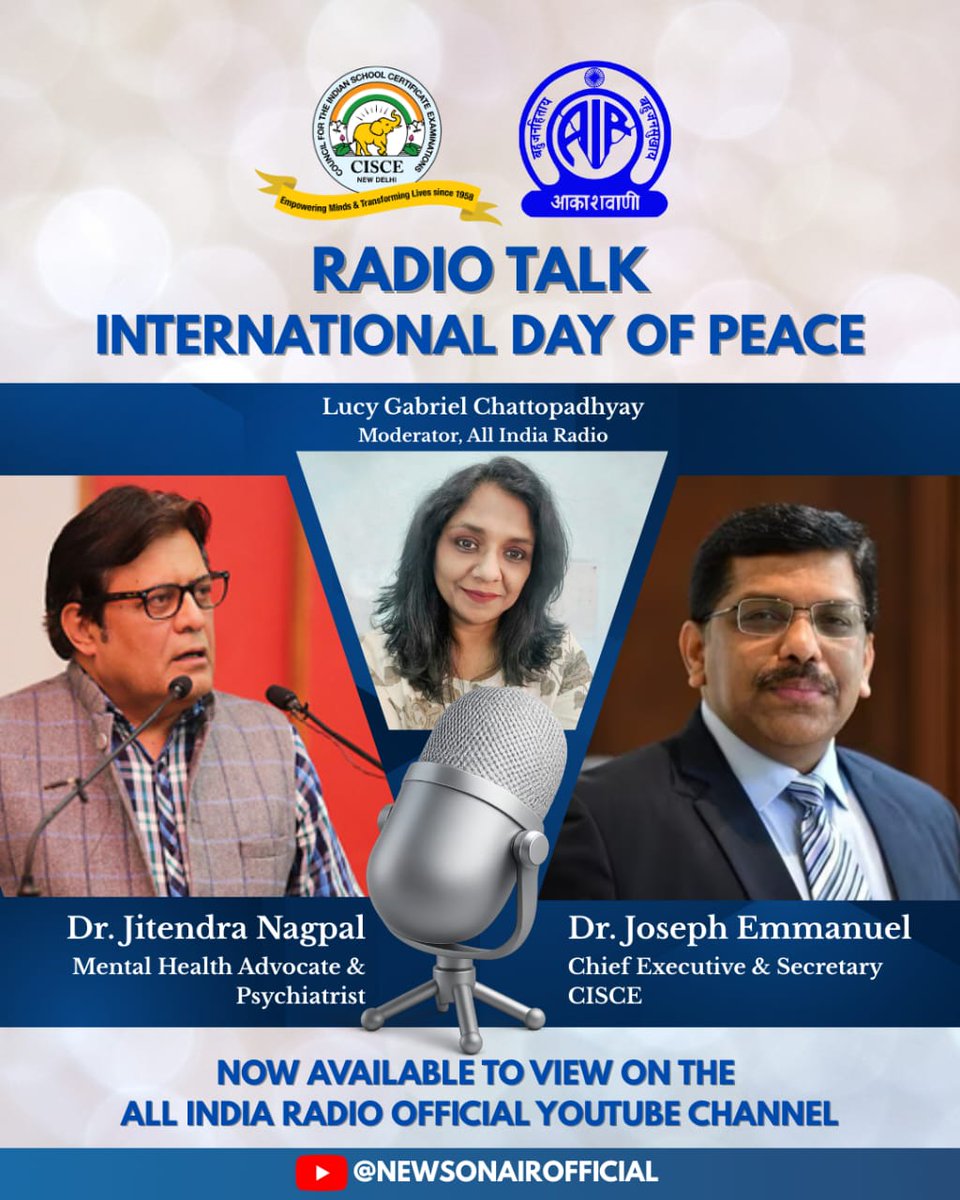 CISCE_Official's tweet image. Education, wellbeing and peace.
CISCE and All India Radio brought together Dr Jitendra Nagpal &amp;amp; Dr Joseph Emmanuel for a Special Radio Talk on the International Day of Peace.
📺 Full recording now on YouTube: youtu.be/quEy2s6K0Tc?si…