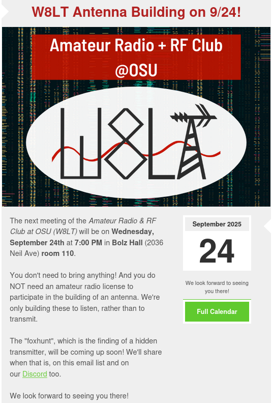 Attention #OSU students!

The next meeting of the Amateur Radio &amp; RF Club at OSU (W8LT) will be on Weds, 9/24 @ 7 PM in Bolz Hall

You don't need to bring anything! &amp; you do NOT need an amateur radio license to participate

#HamRadio #AmateurRadio #hamr #Ohio #Columbus #OhioState
