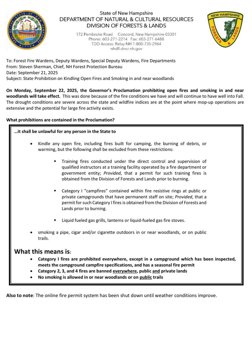 PuritySpring's tweet image. Please Note: A state-wide burn ban has been issued from the New Hampshire Department of Natural Resources, Division of Forests & Lands. For more information on understanding fire danger visit nhdfl.dncr.nh.gov/forest-protect….
