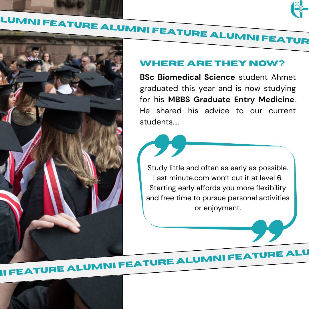 UoCMedSchool's tweet image. 🎓 Where are they now?
BSc Biomedical Science grad Ahmet is now studying MBBS Graduate Entry Medicine! His advice to students:
📚 “Study little and often – last minute.com won’t cut it at level 6!”
#AlumniFeature #UoC #ChesterMedicalSchool