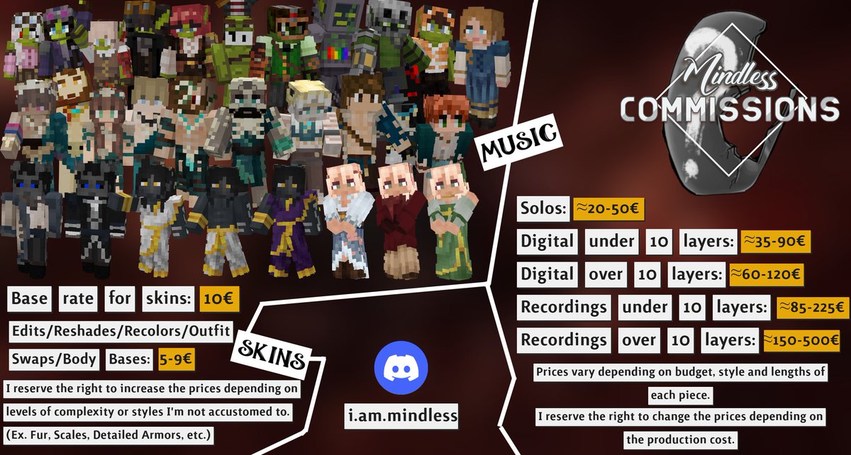 mindless_why's tweet image. You know I just remembered I never posted my commission sheet so here it is! 

I take payments via paypal or direct transfer (if you live in SEPA countries)

For bulk orders of skins and audio work, I take half of the payment upfront and the rest on delivery!