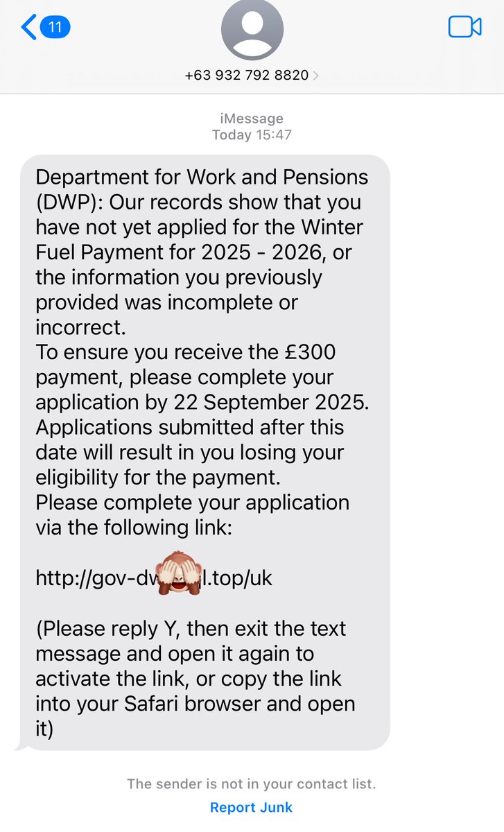 🚨 Scam SMS: “DWP” Winter Fuel Payment from +63 (Philippines) 😂 Didn’t know UK Gov outsourced pensions there!

⚠️ Don’t click shady links
⚠️ Use only official .gov.uk sites
⚠️ Report scams: gov.uk/report-suspici…