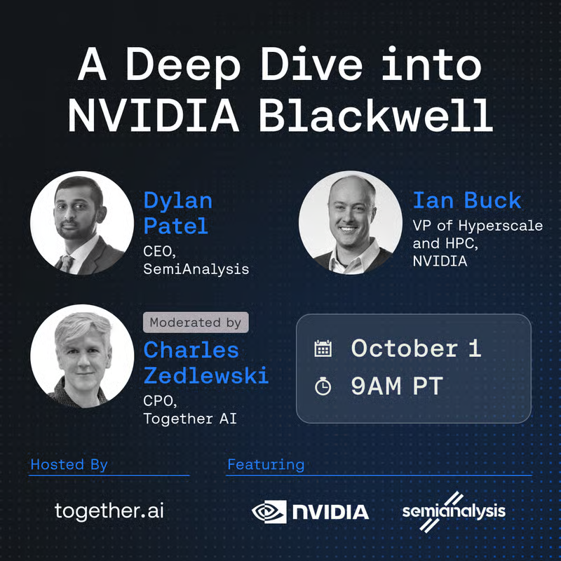 omarsar0's tweet image. Here is a great chance to learn about the future of GPUs.
Join Dylan Patel (SemiAnalysis) and Ian Buck (NVIDIA) to learn:
• How NVIDIA Blackwell works
• Optimizations for training, inference, and reasoning models
• GPU cloud requirements
(sign-up link below)
