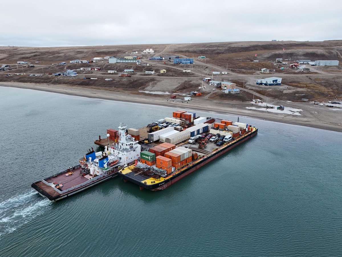 GNWT_INF's tweet photo. M.V. Edgar Kotokak arrived in Sachs Harbour yesterday at 3 pm with 3 barges in tow. Crews will be offloading fuel and deck cargo and backloading deck cargo for the next few days before departing for Paulatuk.

For estimated arrival dates, please visit: https://t.co/ex0VnnnpQ7. https://t.co/Uf4U44XuBg