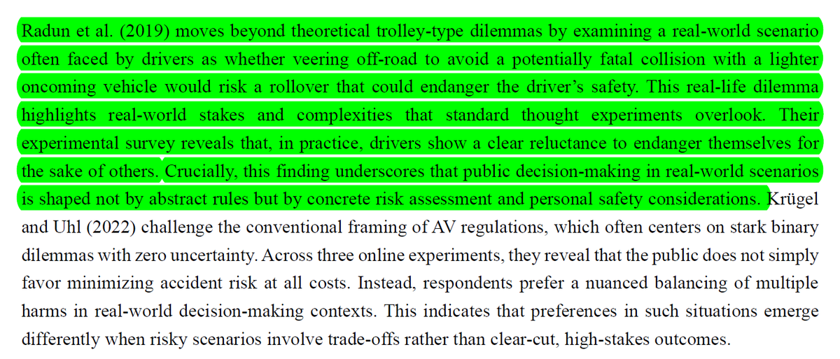 Liikennepsykol1's tweet image. A good citation of our work that examined a more realistic real-life situation compared to hypothetical #trolleyproblem studies.

&quot;Planning and Policy for Safer Roads with Autonomous Vehicles: Moral Decision Making Behavior in Dilemma-inducing Situations&quot;

rosap.ntl.bts.gov/view/dot/86173