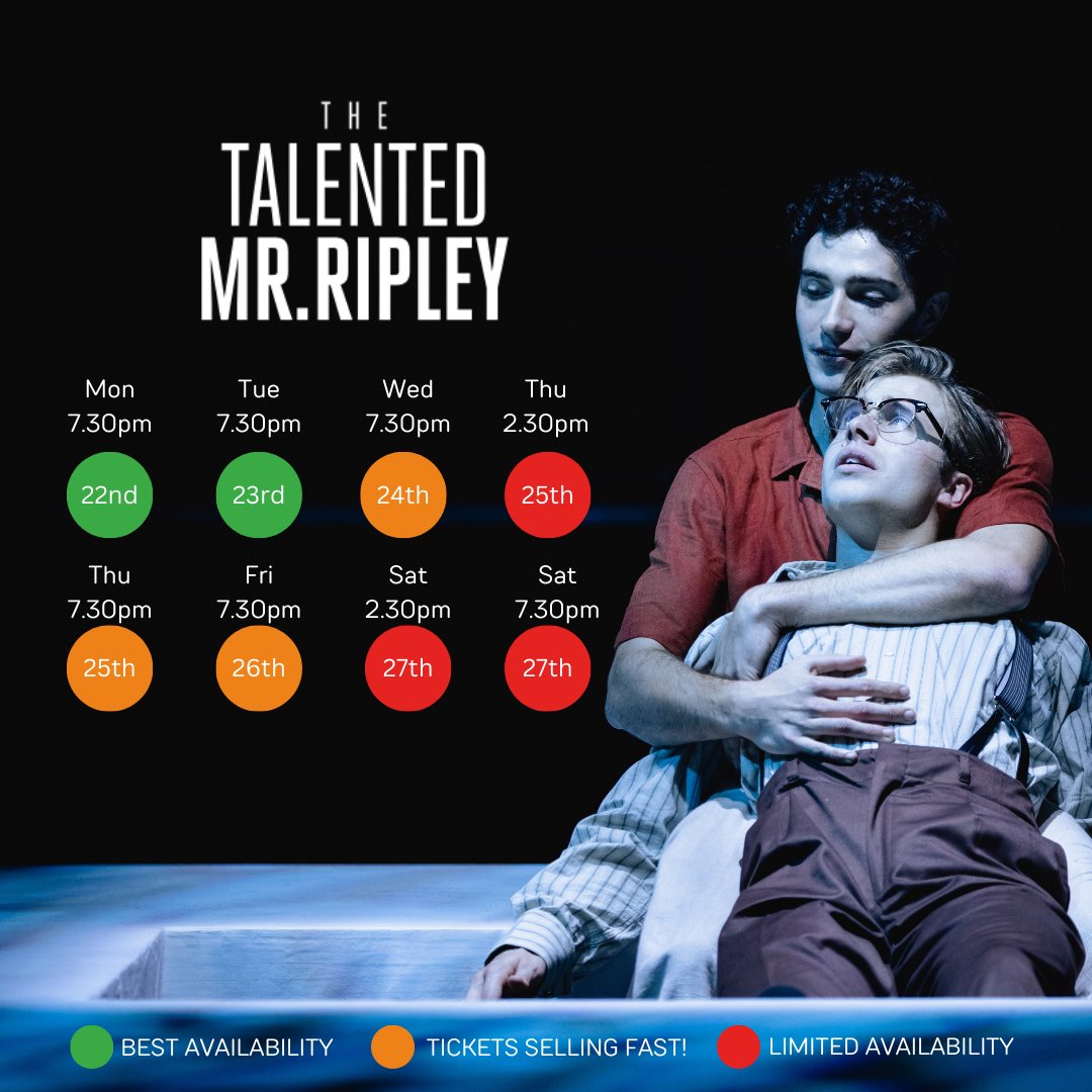 BirminghamRep's tweet image. 🌊 Shimmering waters, whispered secrets, and a dangerously charismatic antihero - The Talented Mr. Ripley is here! 

Tickets are selling fast, so don&apos;t miss your chance to dive into the intoxicating world of Tom Ripley! 🕶️🍷

✅ Best availability:
Mon 22nd at 7.30pm
Tue 23rd at…