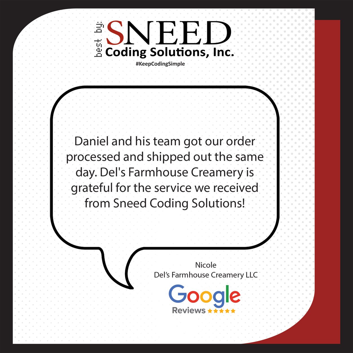 SneedCoding's tweet image. Same-day service = happy customers😆!
Huge thanks to Nicole at Del's Farmhouse Creamery LLC for recognizing Daniel 👦+ our team for quick shipping📦 + great service 👍
We'd love to read your experience too📕! Leave us a Google review 📩
#DelsFarmhouseCreamery #CustomerFeedback