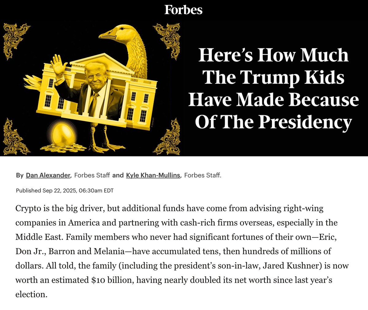 The Trump family has nearly doubled their net worth since the election — profiting from the Presidency.

There's a reason why Trump fired the ethics watchdog who oversees conflicts of interest and corruption in the executive branch.