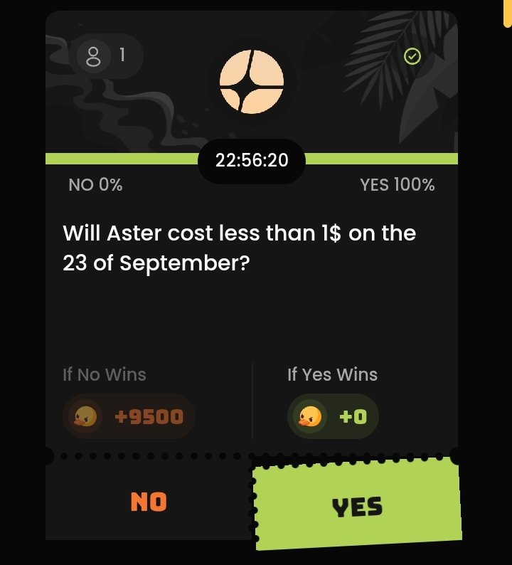 Brisbanesdotfun's tweet image. Will $ASTER cost less than 1$ on 23 September?

I bet yes on @duel_duck