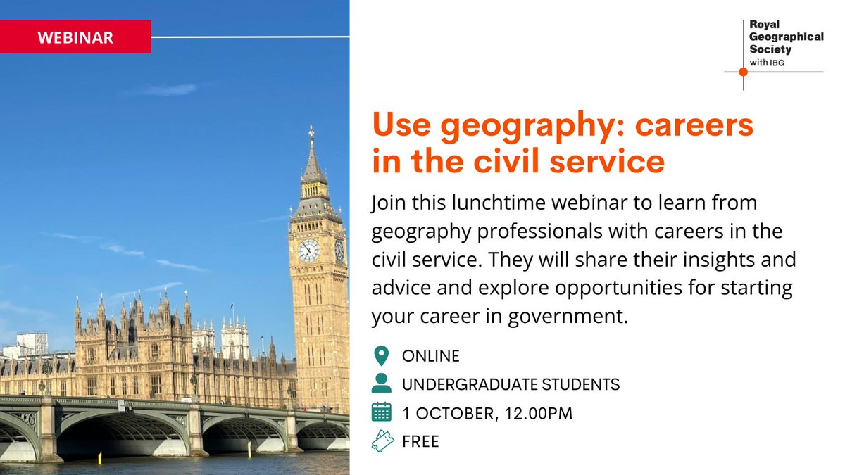 🎓  Exploring career paths after university? 

Join our upcoming lunchtime webinar to hear from geography professionals working in the civil service. 

🗓️ Wednesday, 1 October 
⏰ 12.00pm – 1.00pm 

👉 ow.ly/LgIR50WR87j