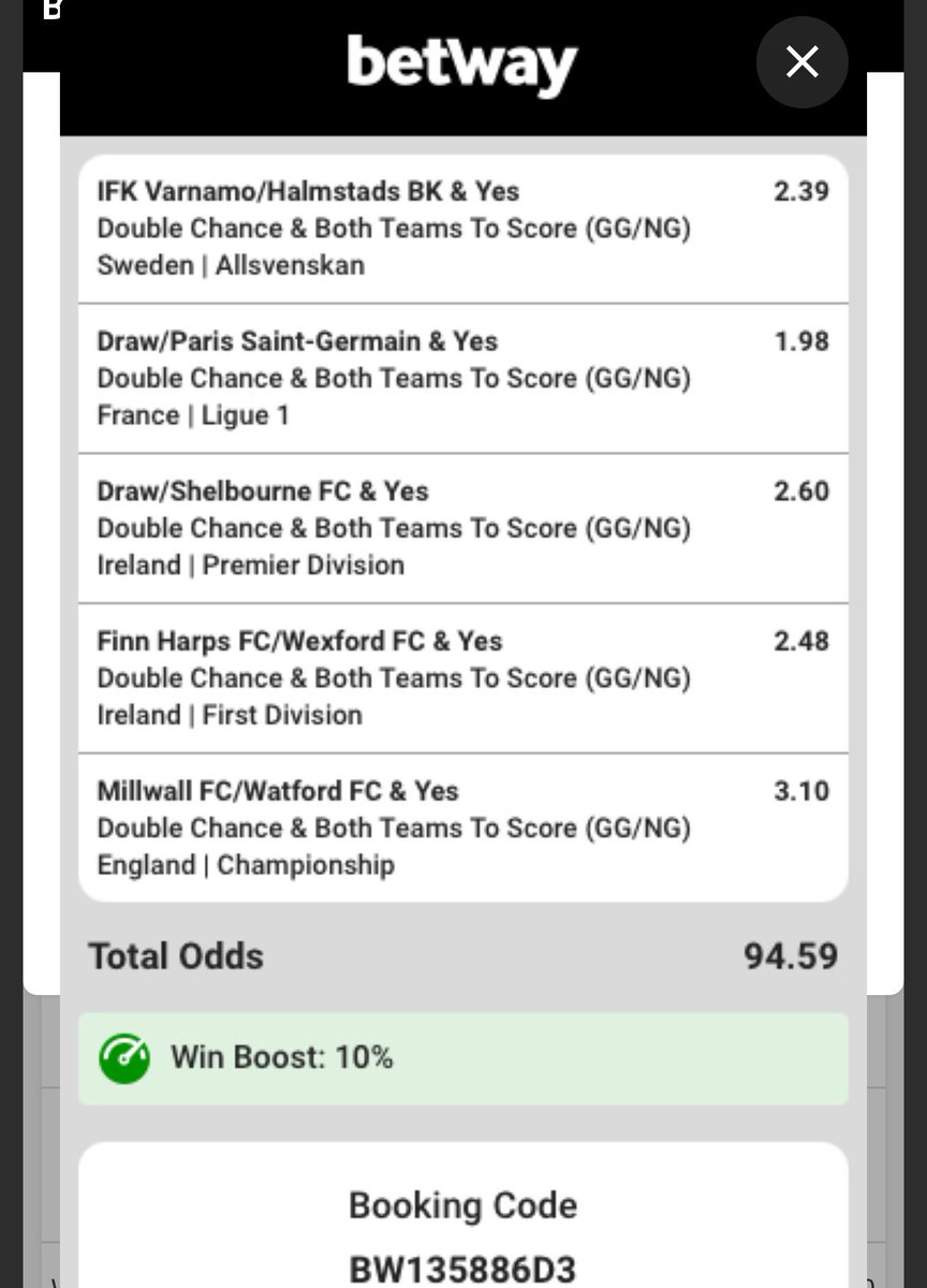 💣💣DOUBLE CHANCE/BOTH TEAMS TO SCORE⚽️🚨

Code: BW135886D3🤯
Odds: 94.59💥

🍏🍏🍏🍏🍏