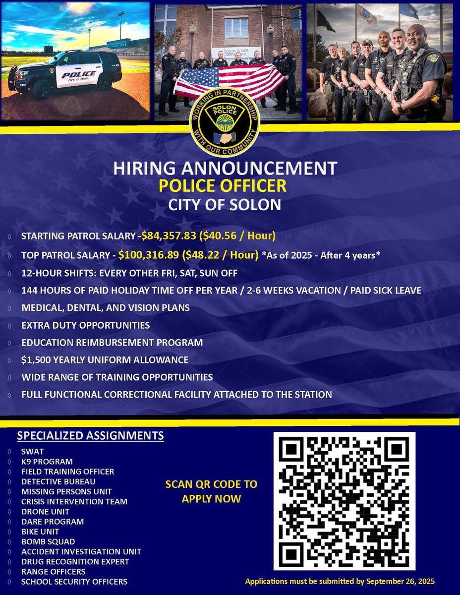 SolonPolice's tweet image. The deadline to apply is this Friday, September 26th. The Civil Service Exam is Sunday, September 28th. If you are interested, you must apply and pay the $20 fee by the deadline. Questions? Email Laura Watterson, at lwatterson@solonohio.org.