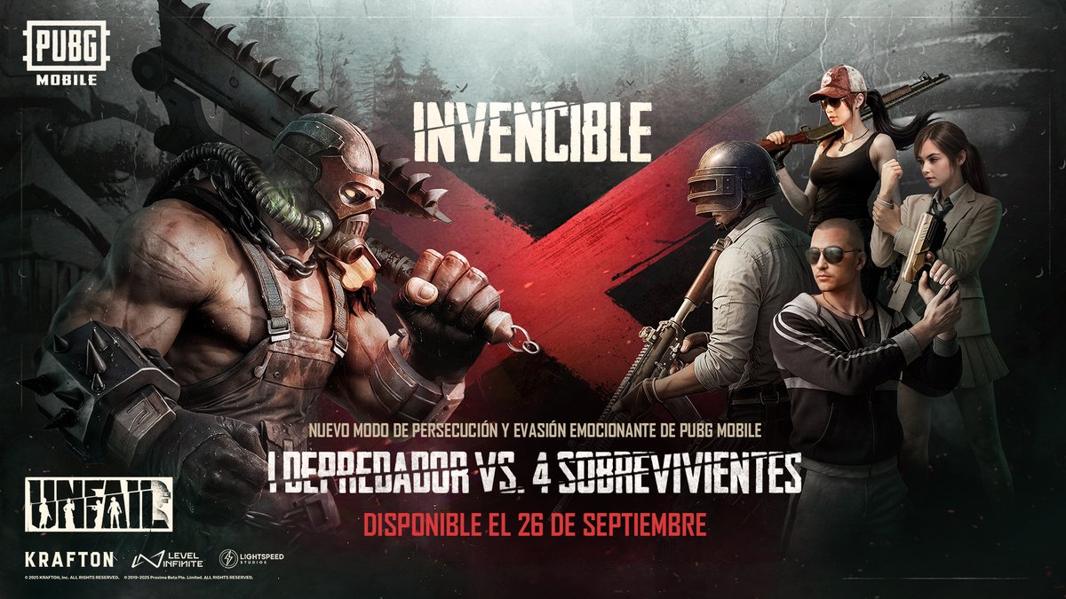 PUBGMOBILELATAM's tweet image. 🚨 UNFAIL llega este 26 de septiembre 🚨

1 Depredador 🆚 4 Sobrevivientes 😱
¿Tienes lo que se necesita para escapar... o cazar? 🐾

Descarga ya 👉 pubgmobile.live/unfail400

#UNFAIL #PUBGMOBILE #PUBGM400