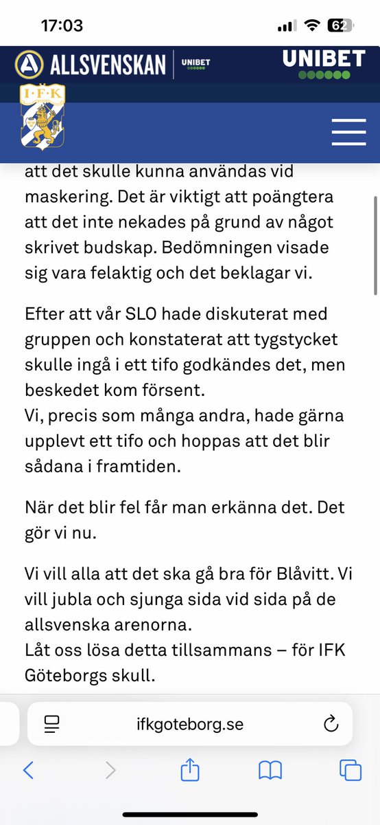 Snyggt av #ifkgbg att erkänna sitt misstag å ta ansvar för det, låt det vara början till ett enat Blåvitt igen 🙏