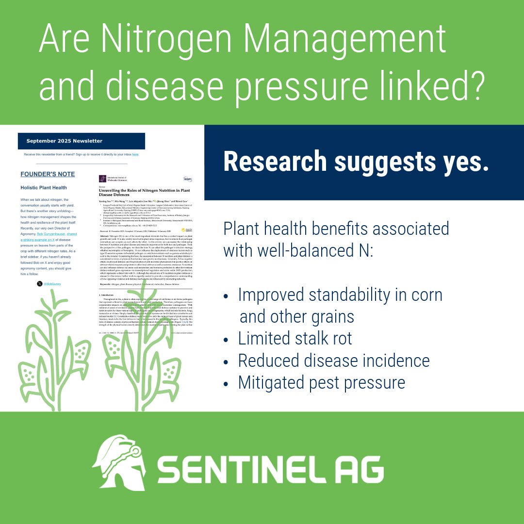 Research suggests better nitrogen management may reduce disease &amp; pest pressure.

Get more insights: share.hsforms.com/140aTT5MXSTqhd…

Agronomy Library: sentinelag.tech/agronomy-liter…

Follow <a href="/BobGunzy/">Bob Gunzenhauser</a>: x.com/BobGunzy