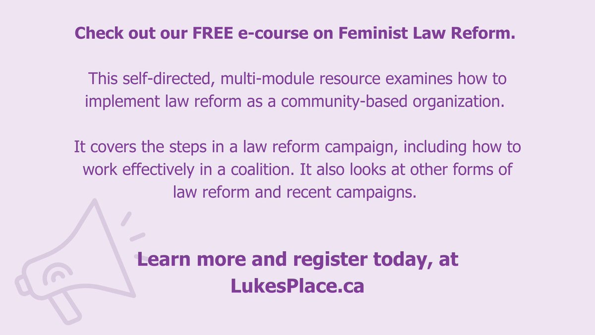 LukesPlace1's tweet image. Want to advocate for change? 

Check out our FREE e-course on Feminist Law Reform! It’s a self-directed resource for community organizations, covering campaign steps and coalition work. 

Learn more: ow.ly/BtPU50SzjiE 

#LawReform #EndGBV #ENDIPV