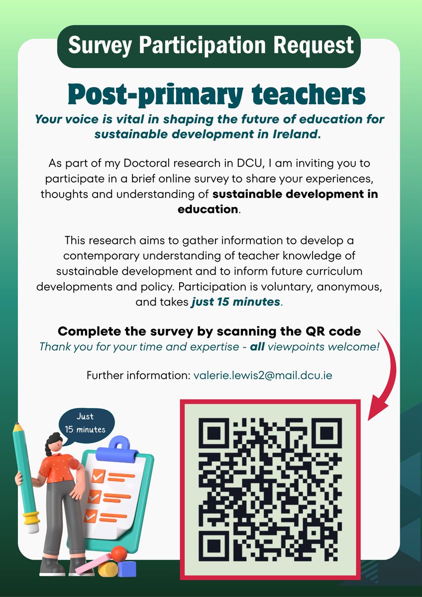 lewisvalerie1's tweet image. 🌍 Calling all Post-Primary Teachers in Ireland!
I’m researching how teachers across subjects perceive sustainable development in their classrooms. Your perspective is vital.