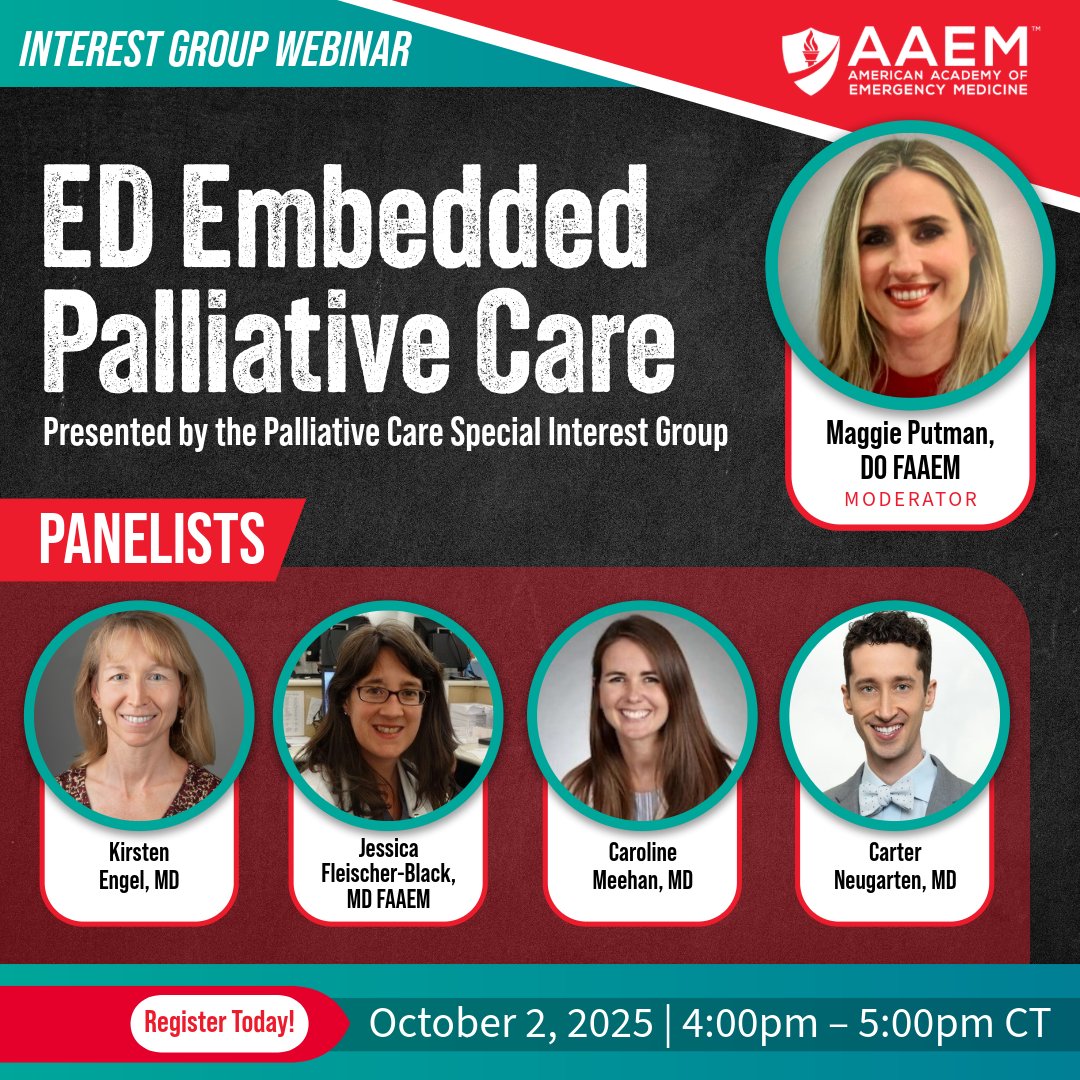 aaeminfo's tweet photo. ๐จ Webinar Alert ๐จ
Bringing palliative care into the ED? Learn how to overcome barriers + build sustainable programs.
๐
Oct 2 | ๐ 4โ5pm CT | ๐ป Zoom
๐ Register: https://t.co/qu3uVE9kV1
#EmergencyMedicine #PalliativeCare #AAEM #HealthcareInnovation https://t.co/1rrTZivrX8