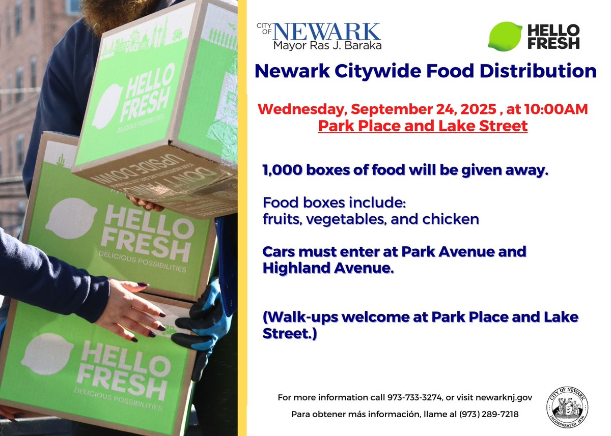 CityofNewarkNJ's tweet photo. 🥕 Newark Citywide Food Distribution!
📅 Wed, Sept 24 | ⏰ 10 AM
📍 Park Pl & Lake St
🍎 1,000 FREE boxes of fruits, veggies & chicken!
🚗 Enter via Park & Highland | 🚶 Walk-ups welcome
📞 973-733-3274 | https://t.co/rFoF38KJmp
#NewarkForward #FoodDistribution https://t.co/MRgA7Iqcxj
