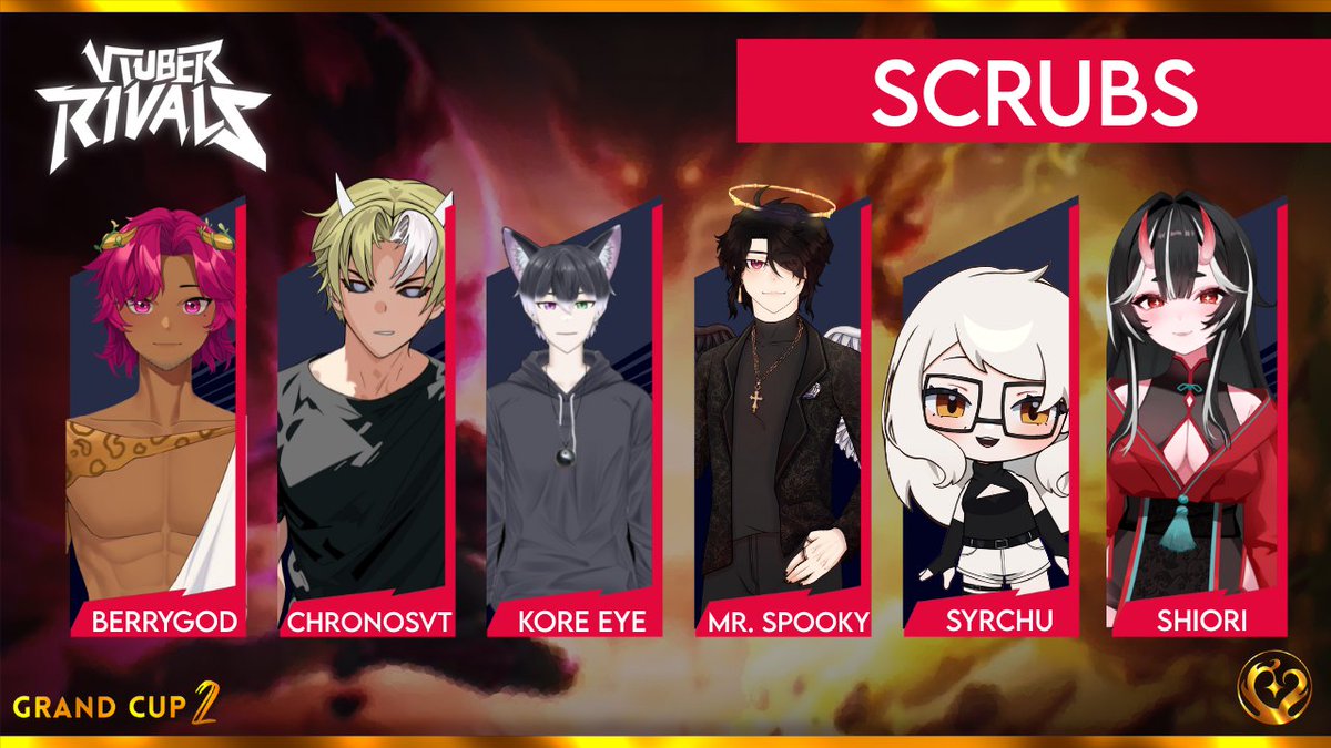 Welcome "SCRUBS" to #VtuberRivals

<a href="/BerryGodJJ/">JJ | Berry God VtuberEN 🍇🙏🏽</a>  (captain)
<a href="/ChronosVT/">Chronos 🤖🕰️</a> 
<a href="/KoreEyeVT/">KoreEye • M&M •</a> 
<a href="/MrSp00ky/">Pete 🐻</a> 
<a href="/Syrchuu/">Syrchu</a> 
<a href="/ShioriTamayomi/">Shiori Tamayomi🧧⚰️</a>