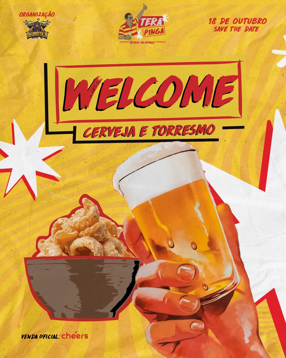 Para tornar o boteco da esfinge um boteco raiz de respeito é claro que não poderia faltar torresmo e uma cervejinha gelada 🍻💜
Se era welcome *de verdade* que vocês estavam procurando, na Terapinga tem 🔥💛

TERAPINGA 💬🍺
18/10 
Venda pela cheers ou com nossos comissários 🎟️