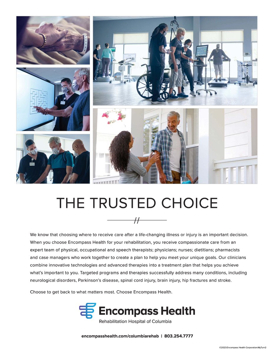 ColaChamber's tweet image. #PartnerPost
We know that choosing where to receive care after a life-changing illness or injury is an important decision.
 
When you choose Encompass Health  for your rehabilitation, you receive compassionate care from an expert team of physical, occupational and speech…