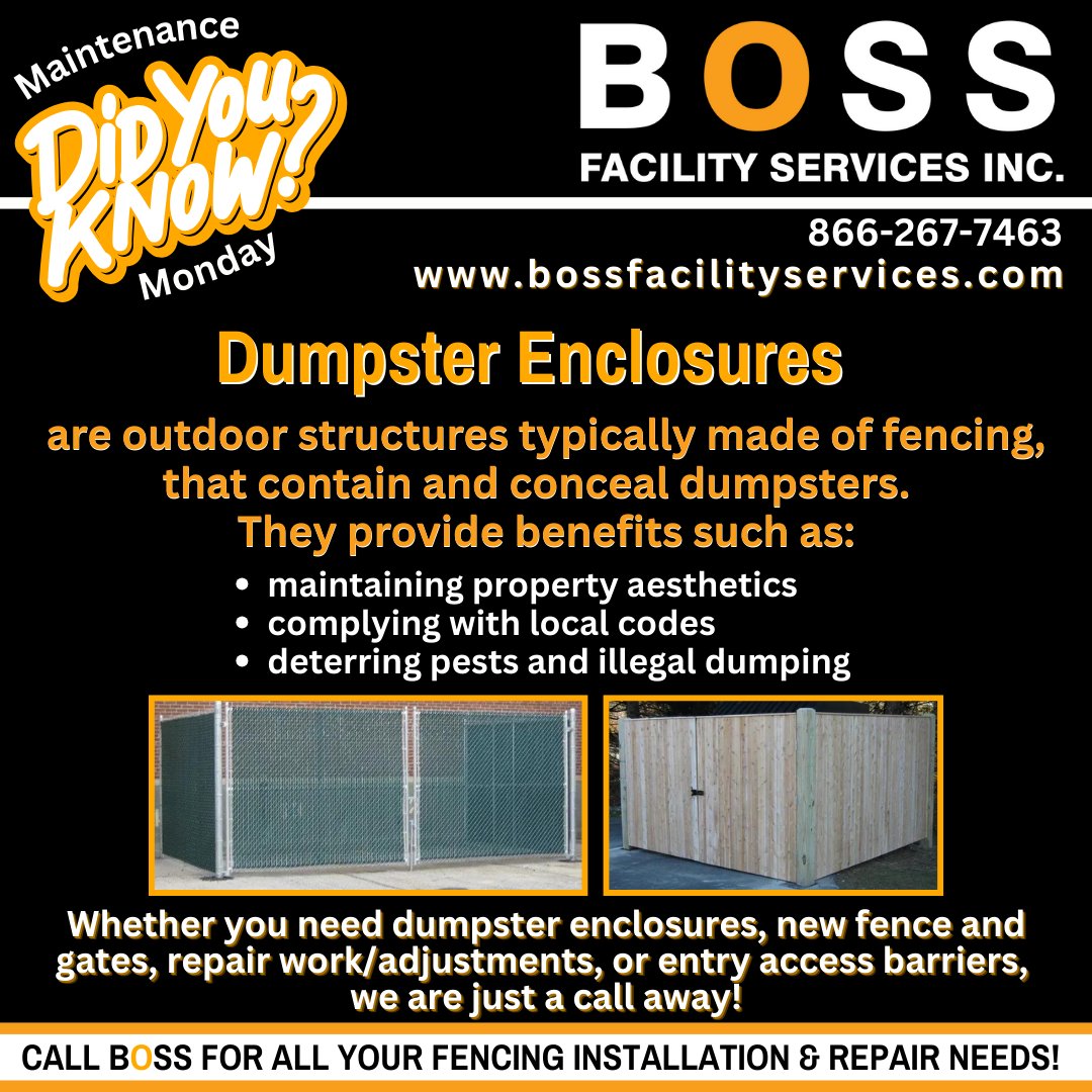 BOSSFSI's tweet image. Protect your property and make a great first impression! From new installs to quick fixes, BOSS has you covered with dumpster enclosures, fences, and gates that keep your facility secure and looking sharp.
🔨 😀 
#BOSS #BossFSI #fenceandgates #dumpsterenclosures