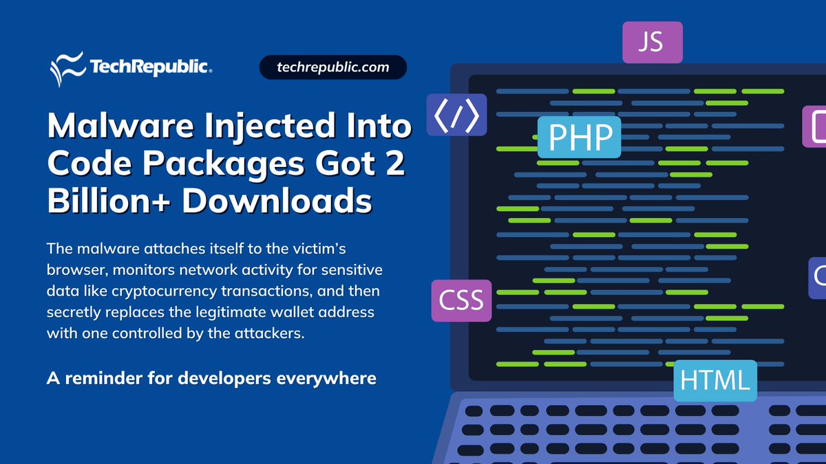 TechRepublic's tweet image. 2+ BILLION downloads compromised ⤵️⚠️

Hackers compromised 18 npm packages with malware to steal crypto. Even trusted dependencies can betray you.

🔗 Read the full breakdown: techrepublic.com/article/news-m…
  
#CyberSecurity #npm #DevSecOps