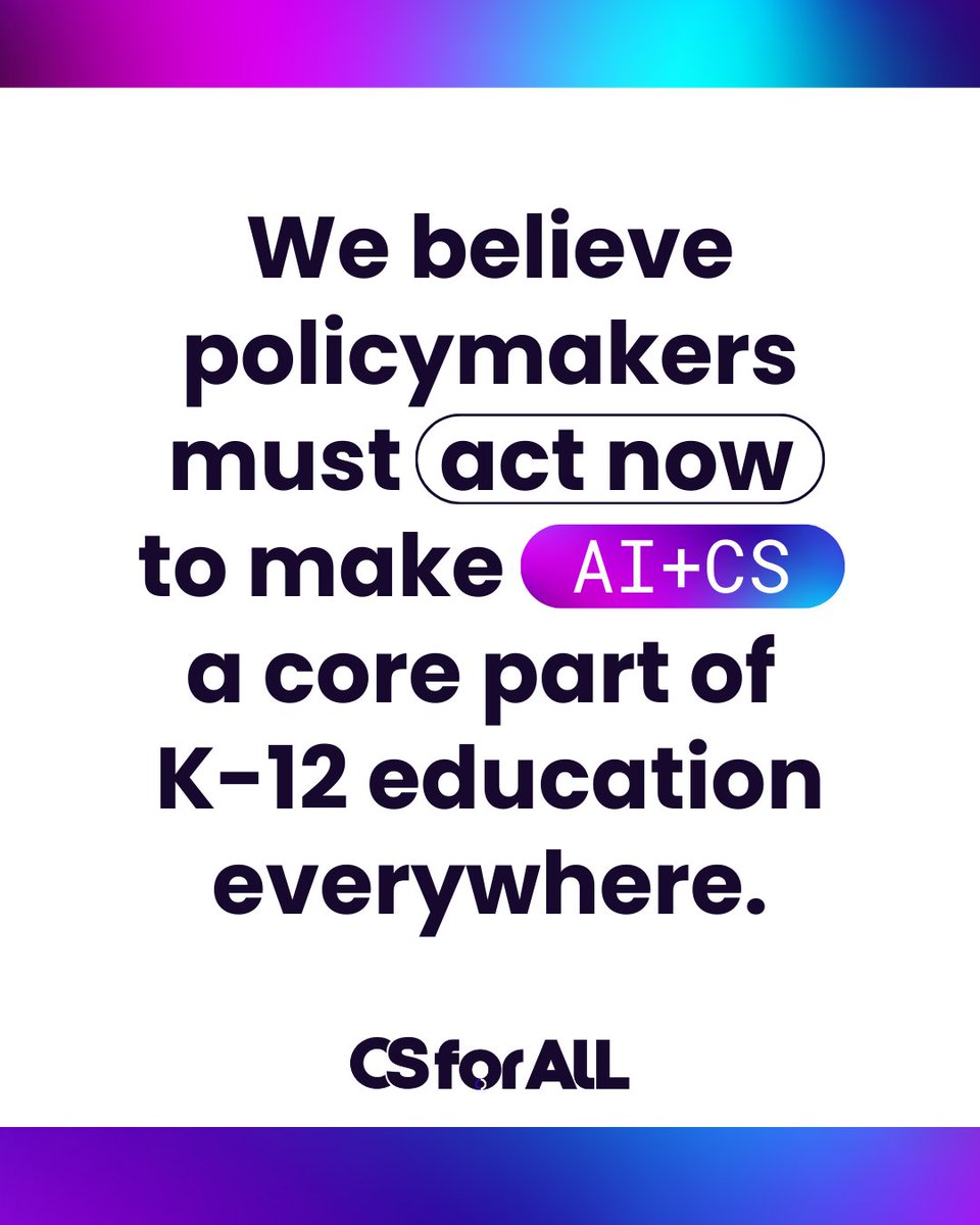 CSforALL's tweet image. Policymakers hold the key to unlocking opportunity for every student. With funding and legislation, they can ensure every school has the teachers and resources to bring AI and CS to classrooms. Our movement partners with leaders to make #CSforAll a matter of policy, not luck.