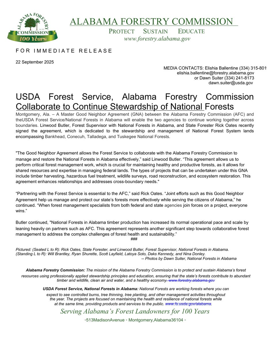 ALForestryComm's tweet image. USDA Forest Service, Alabama Forestry Commission Collaborate to Continue Stewardship of National Forests