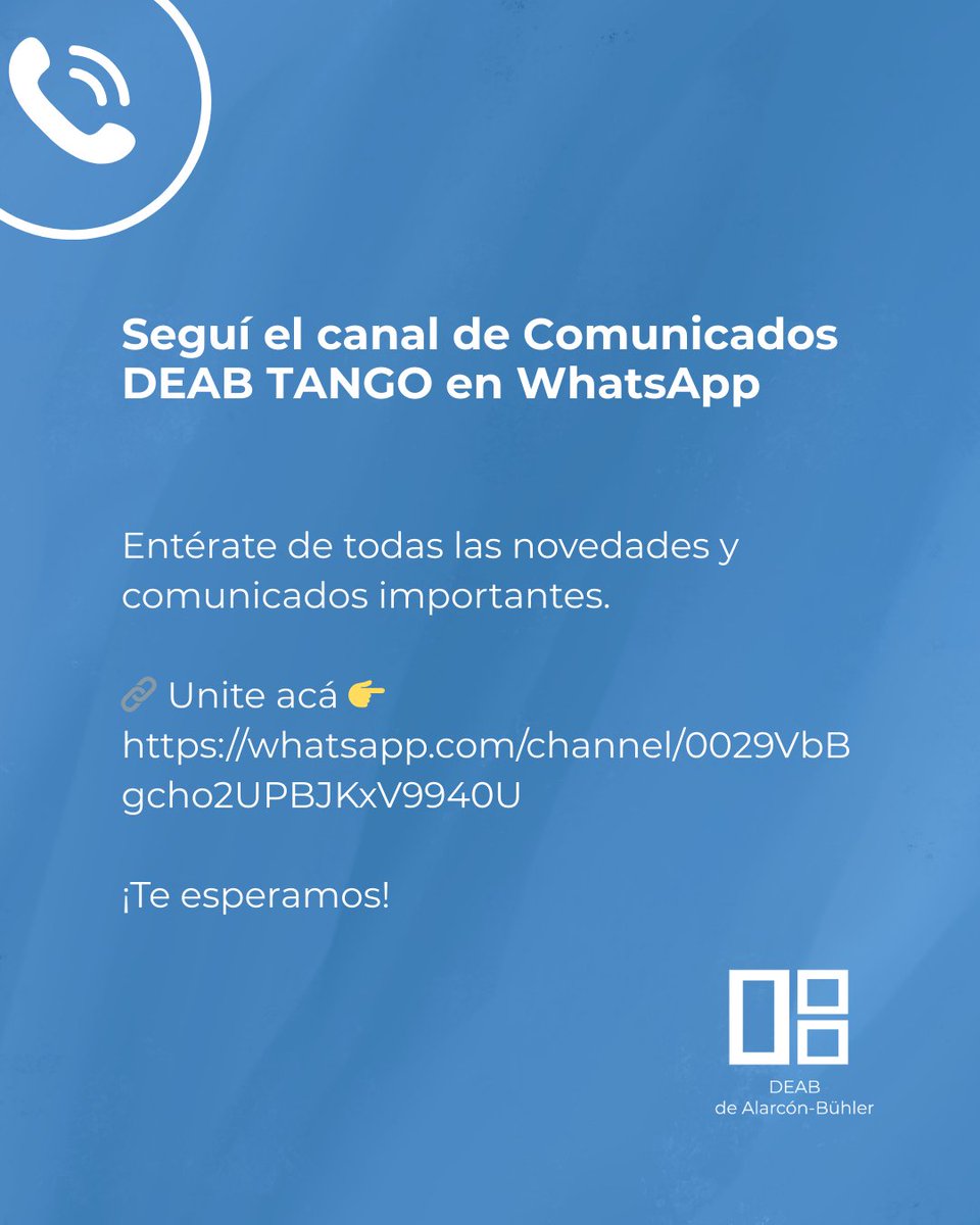 DEABTango's tweet image. 📢 ¡No te pierdas nada!
Seguí el canal de Comunicados DEAB TANGO en WhatsApp y enterate de todas las novedades y comunicados importantes.

🔗 Unite acá 👉 whatsapp.com/channel/0029Vb…

¡Te esperamos!

#tangosoftware #soportetango #tangogestion #deab #dealarconbuhler