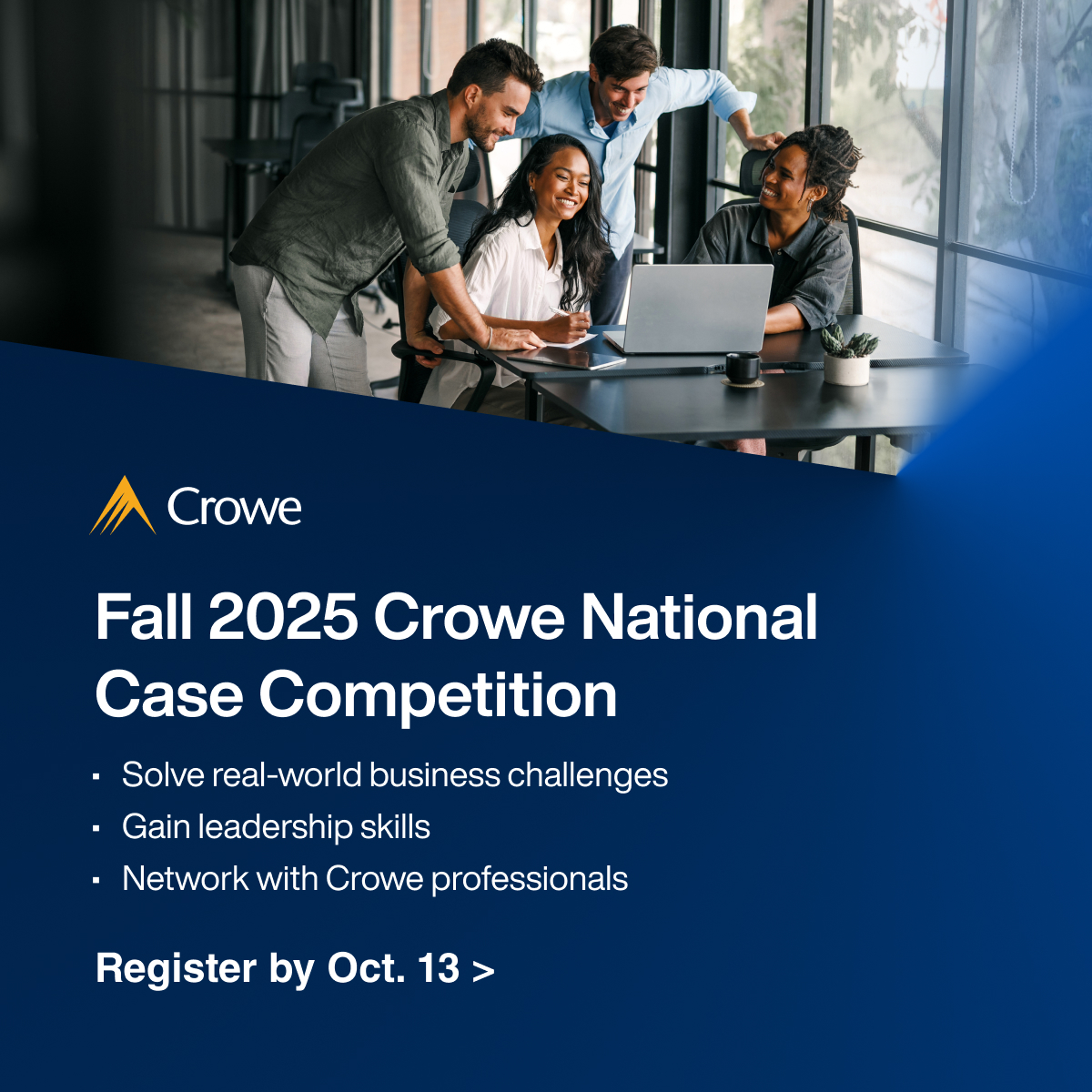 CroweUSA's tweet image. College freshmen and sophomores, here's your chance to show off your skills by solving modern business problems – register for the Crowe National Case Competition by Oct. 13. #GoCrowe bit.ly/464BQeR