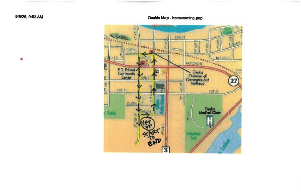 Homecoming Parade Route for Friday, September 26, 2025, starting at 1:15 pm.