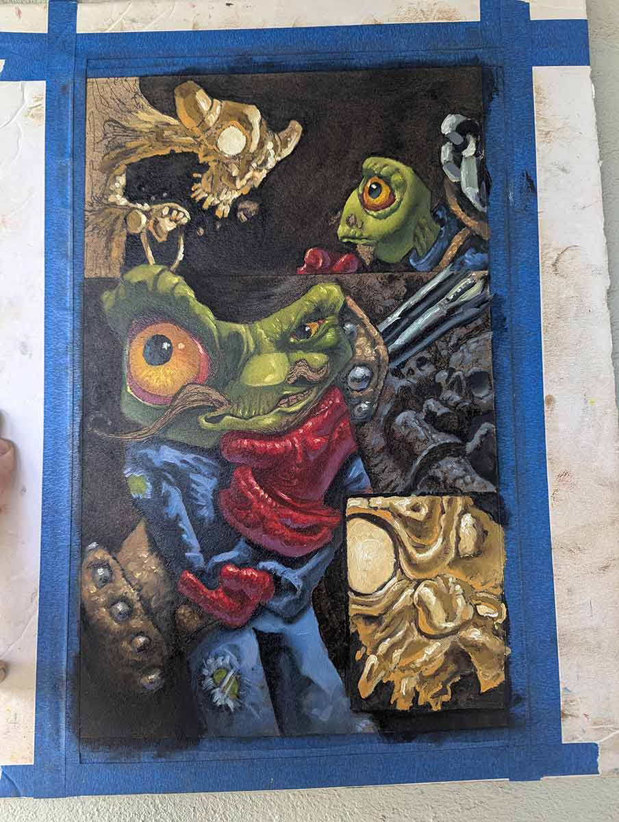 Ink Spots (@myevilrobot) on Twitter photo Frog G 2 is funding here: indiegogo.com/projects/frog-… Here's a WIP of one of the oil painted pages first layer is down. One more layer after it dries to polish things up and bring in the details. I'm not quite skilled enough to do metal in one layer yet with oils. <a href="/unhingedent/">Jason Bascom</a> Frog G 2 is funding here: indiegogo.com/projects/frog-… Here's a WIP of one of the oil painted pages first layer is down. One more layer after it dries to polish things up and bring in the details. I'm not quite skilled enough to do metal in one layer yet with oils. <a href="/unhingedent/">Jason Bascom</a>