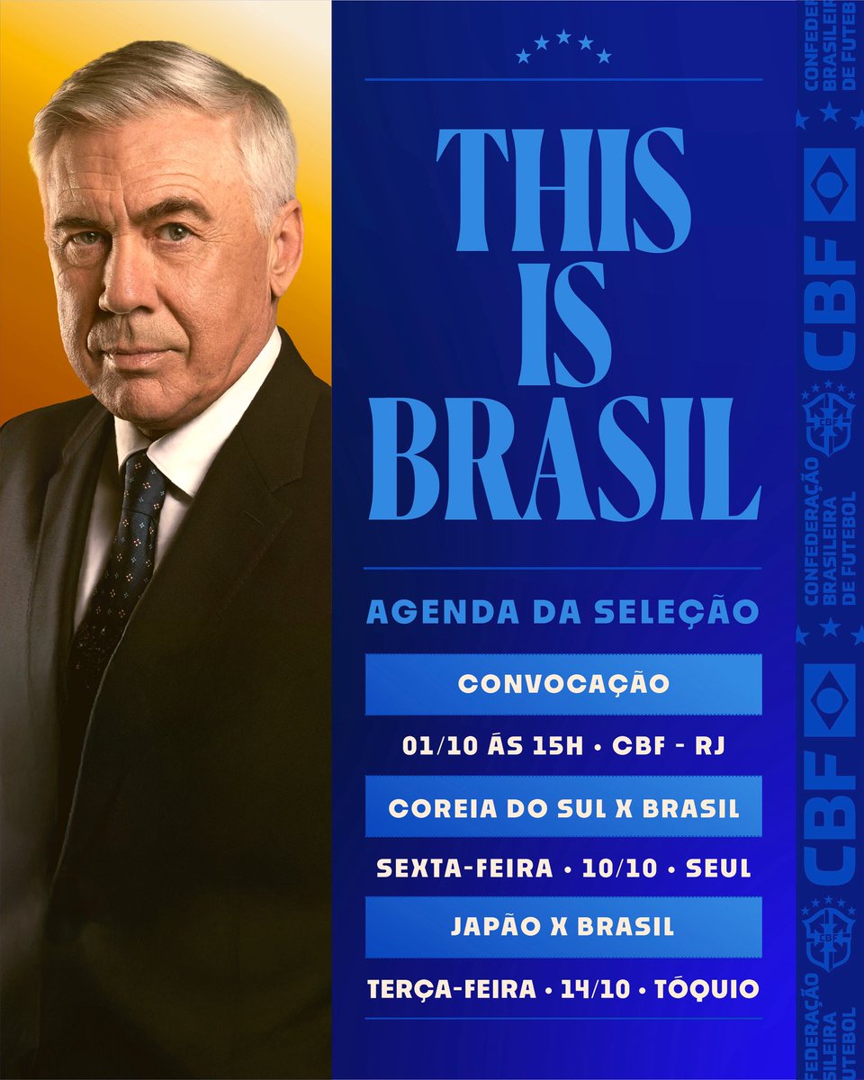 Os próximos compromissos da Seleção Brasileira já têm data e hora! O Mister fará a próxima convocação para os amistosos que acontecerão na continente asiático, palco do #NossoPenta! 🇧🇷💛