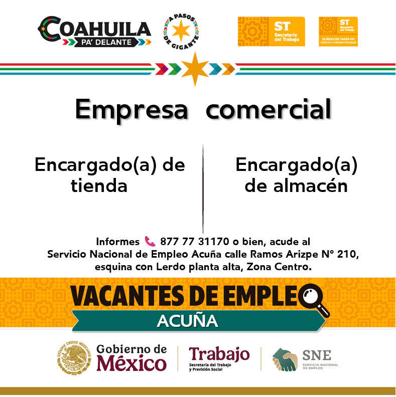 SNEACUNA's tweet photo. 📢Vacante de empleo en #RegiónNorte  💼🔎 
#Acuña
📌 Servicio de Empleo Coahuila #Acuña
 📍 Dirección: Ramos Arizpe N° 210 esq. con Lerdo, planta alta, Zona Centro 
 📞 Informes: 877 7731170

Contáctanos hoy mismo.  🙌

#CoahuilaPaDelante #APasosDeGigante #SNEparaTodos https://t.co/30FJe0YC96